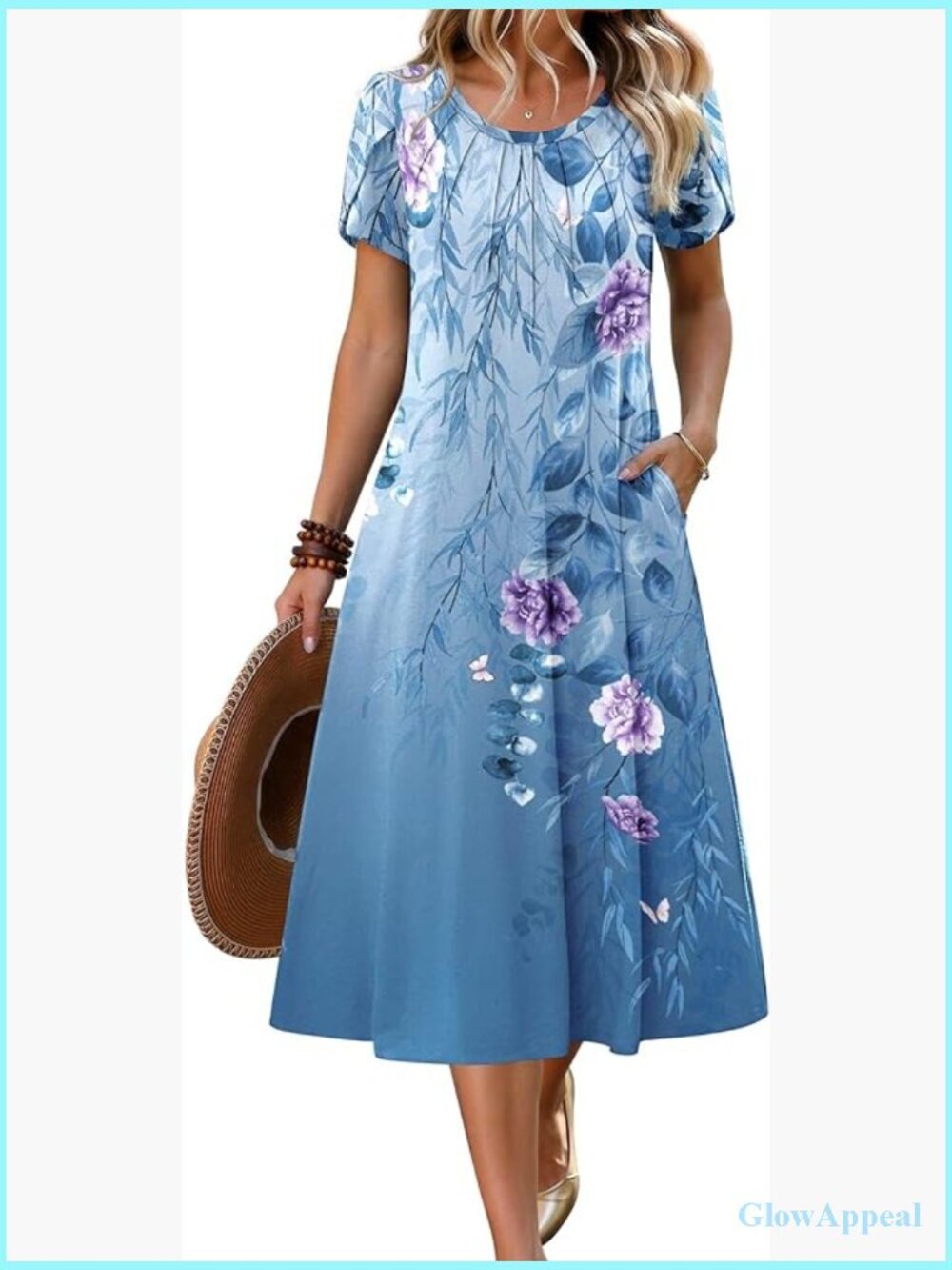 Casual Midi A-Line Dress with Petal Sleeves Pleated Front Pockets